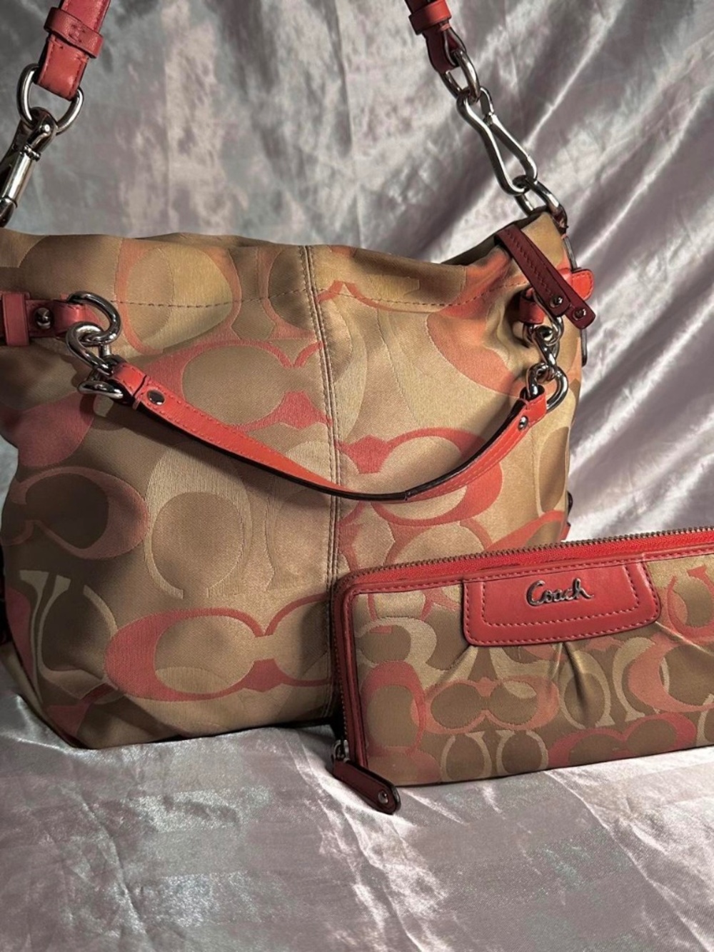 Vintage Y2K Coach Signature Coral Khaki Two Way Shoulder Bag and Matching Wallet